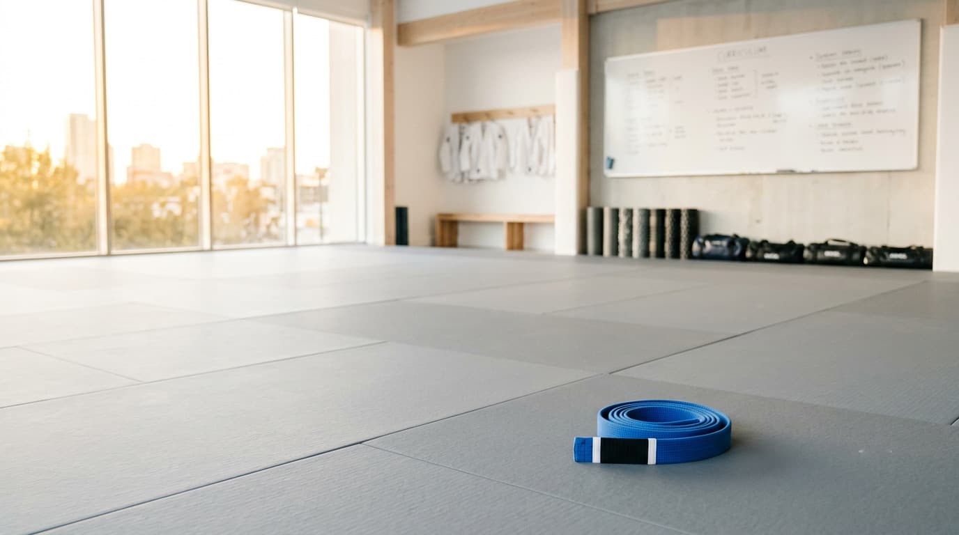 A BJJ academy with a curriculum whiteboard on the wall and a folded blue belt on the mat