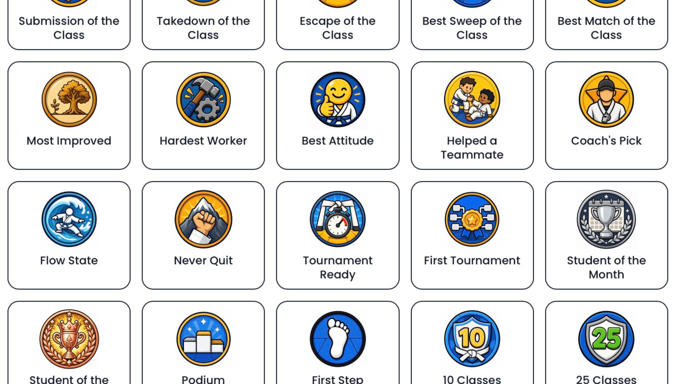 BJJ student badges and achievements — gamification system for martial arts academies