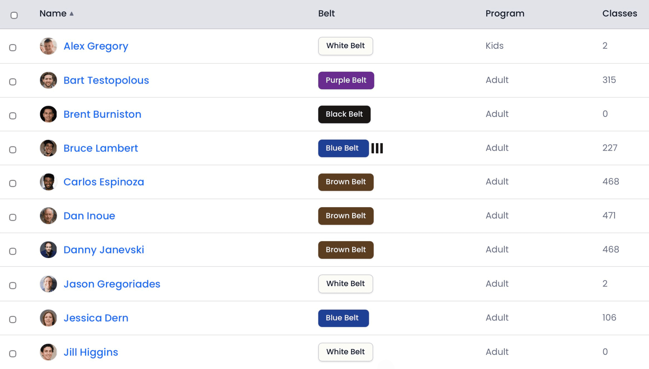 BJJ student management and billing software — membership tiers, payment status, and student profiles