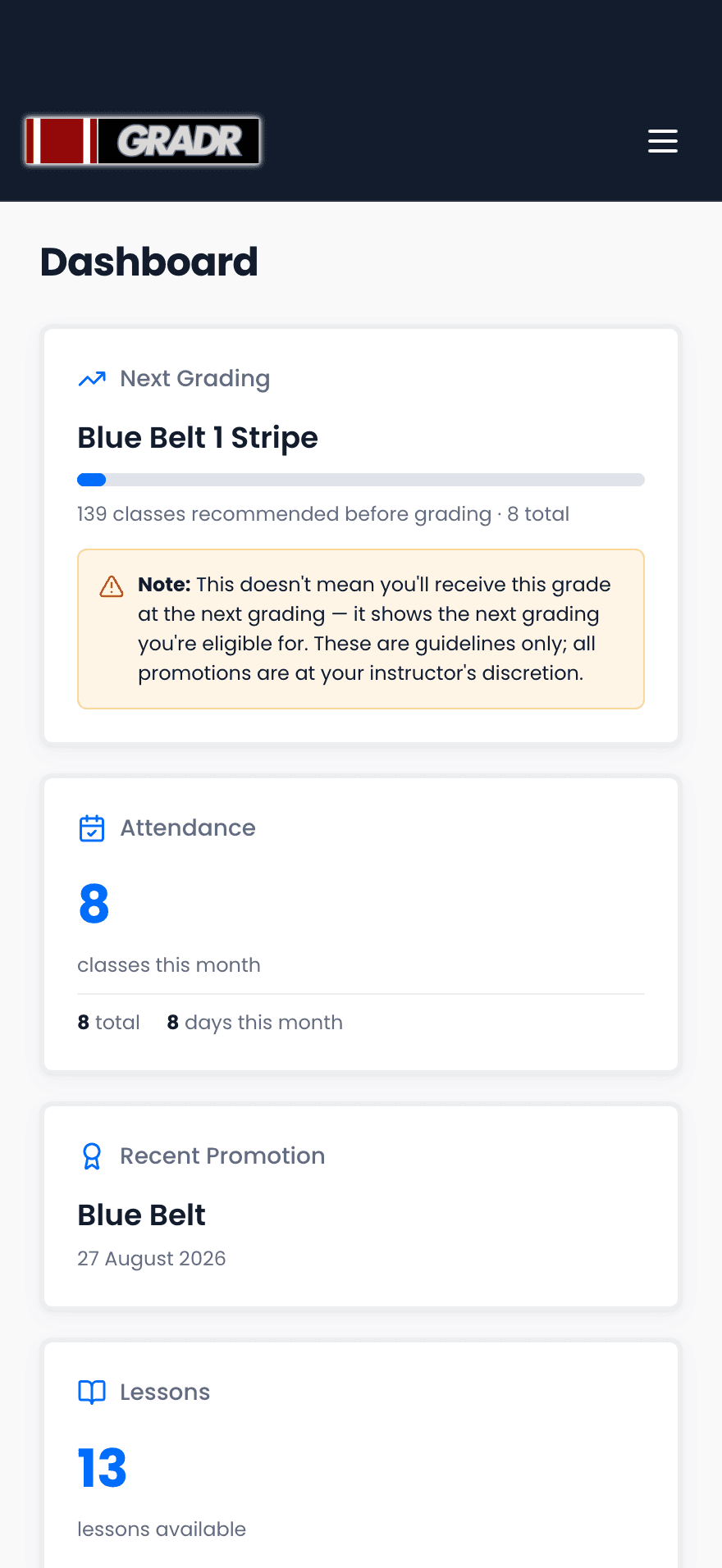 The GRADR Student app on a phone: the student dashboard with next grading, attendance, and recent promotion